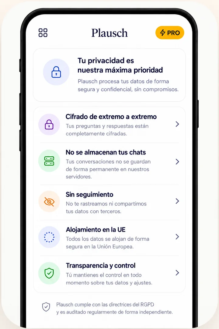 Pantalla de privacidad y seguridad de Plausch